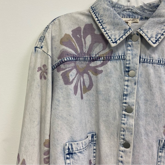 Mystree Light Blue Denim Jacket with Lavender Script and Floral Accent - Picture 2 of 8